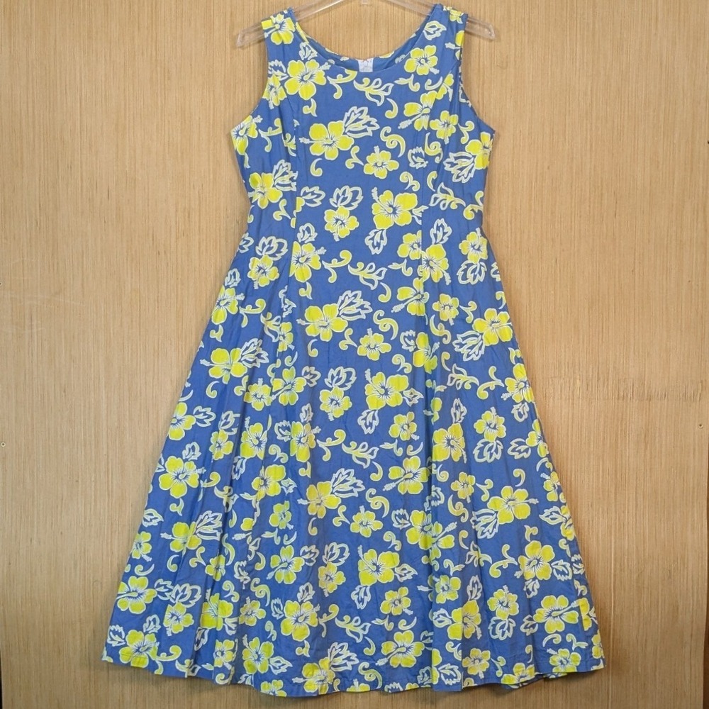 Two Palms Hawaii Tropical Womens‎ Blue Yellow Hibiscus Cotton Midi Dress Medium